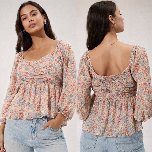 American Eagle Outfitters Tops - American Eagle Floral Ruched Blouse Womens XL Pink Chiffon Coquette Feminine